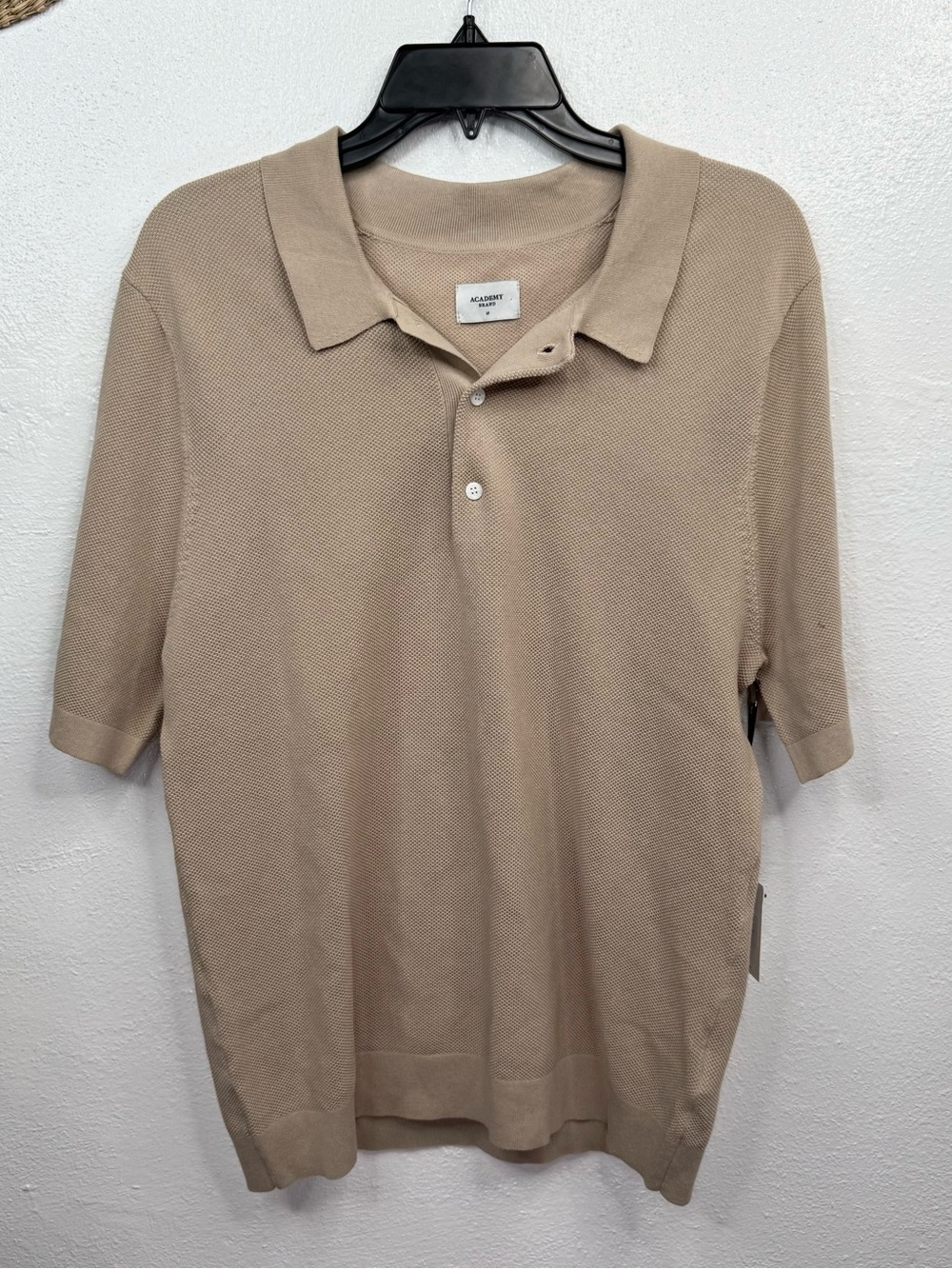 Academy Brand Polo Shirt Men's M Light Browm Textured Knit Short Sleeve Button